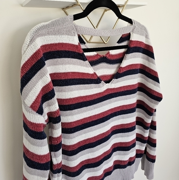 Woven Heart from Nordstom Striped Double V Neck Soft Oversized Sweater Size XS - Picture 5 of 9